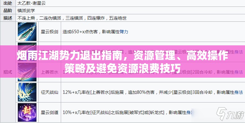 烟雨江湖势力退出指南，资源管理、高效操作策略及避免资源浪费技巧