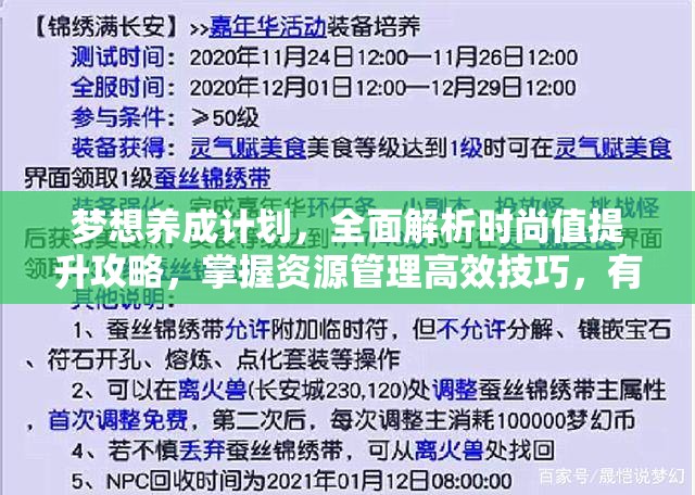 梦想养成计划，全面解析时尚值提升攻略，掌握资源管理高效技巧，有效避免资源浪费